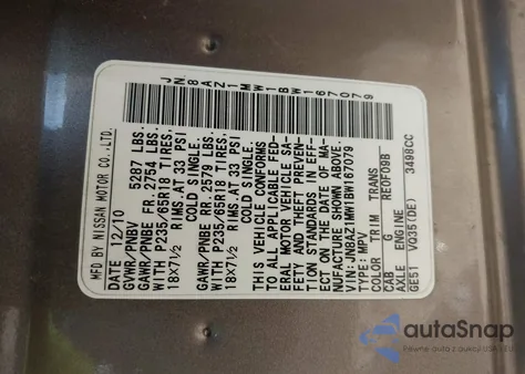 2011 Nissan Murano Sl z USA, uszkodzony, nr VIN JN8AZ1MW1BW167079